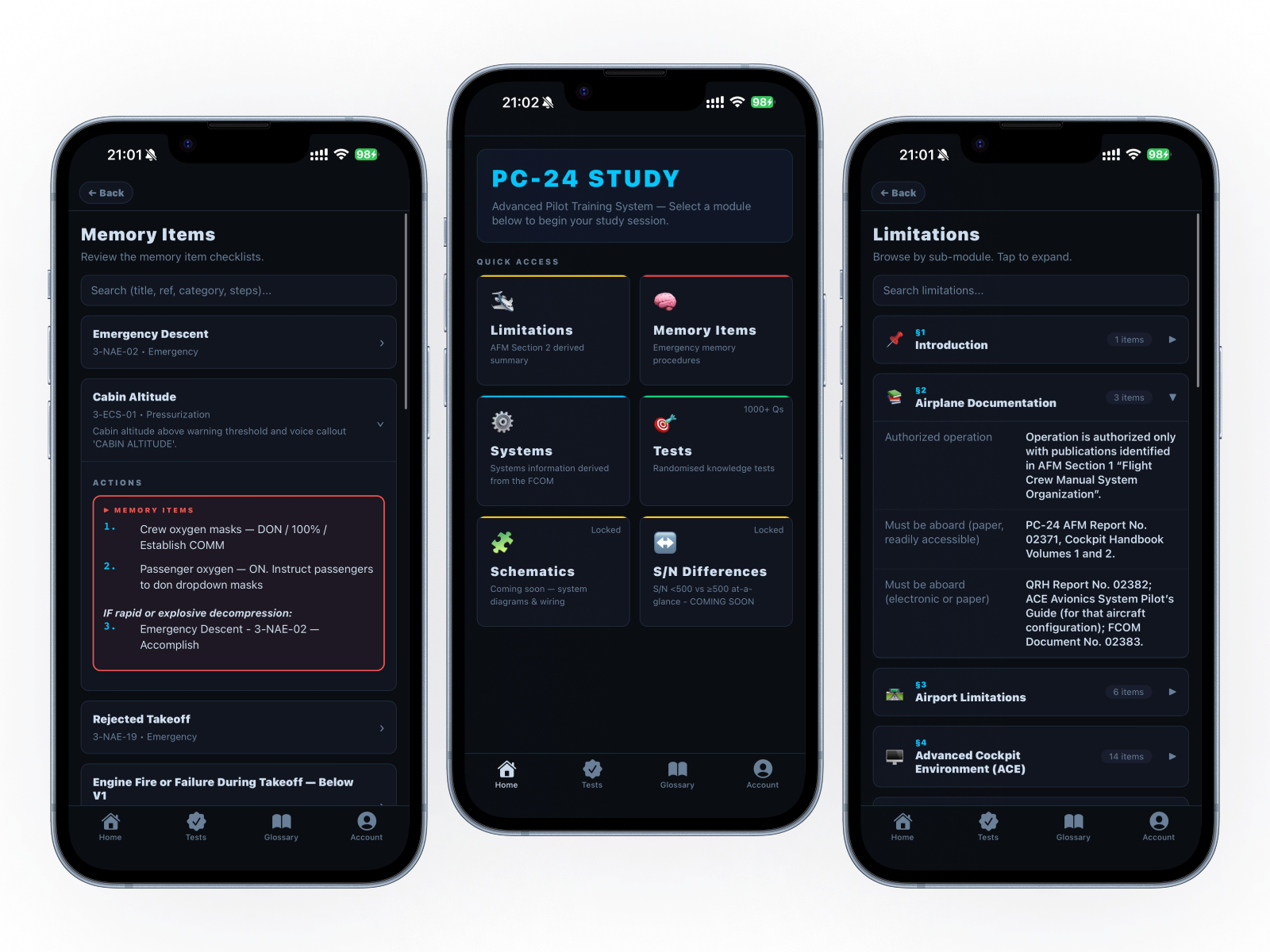 PC-24 Study app screens